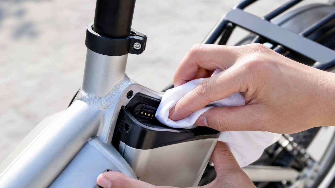 電動自転車のバッテリー接続端子を布で拭いてクリーニングする手のアップ