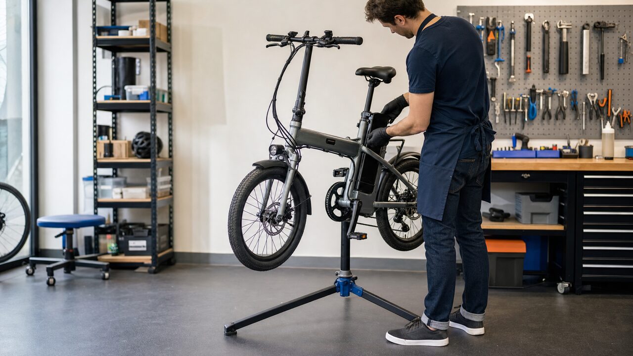 自転車整備士が電動アシスト自転車を点検しているイメージ
