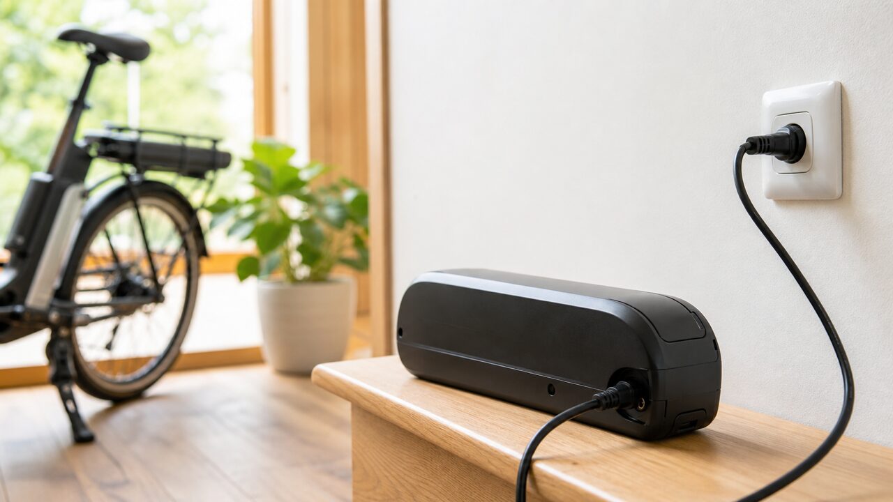 電動アシスト自転車の着脱式バッテリーを室内で充電して寿命を延ばすイメージ