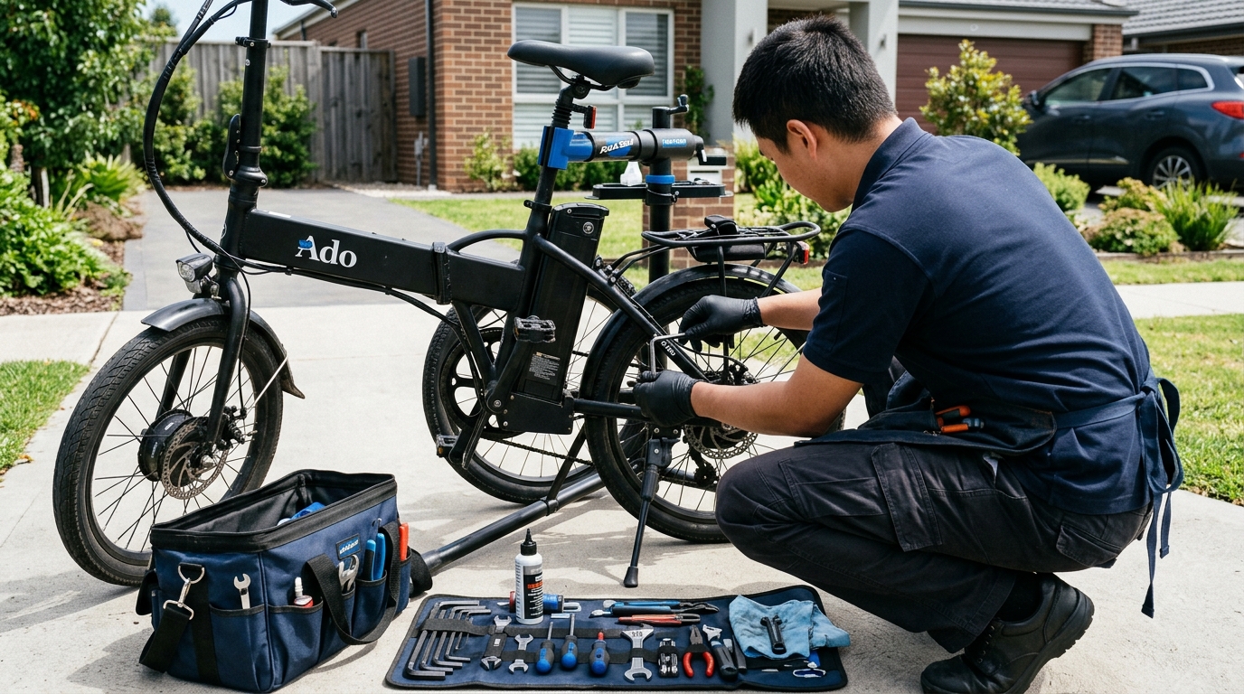 出張修理のスタッフが自宅前で電動自転車を修理・メンテナンスしている様子