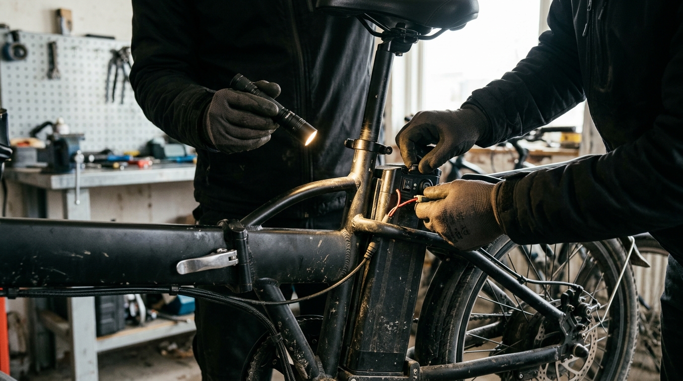 電動自転車のスイッチやバッテリー of 接続部をライトで照らしてセルフチェックしている様子