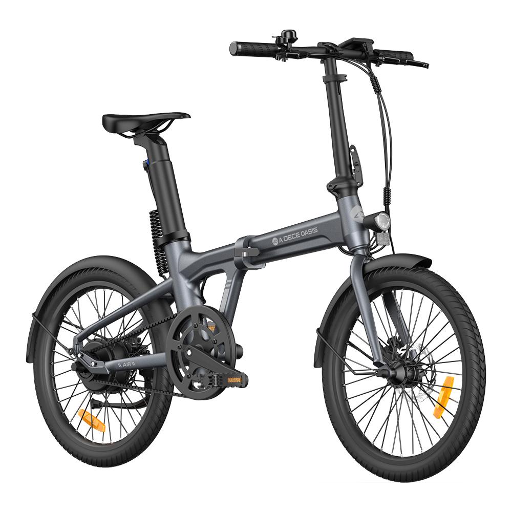 白背景に置かれたグレーのADO Air 20折りたたみ電動自転車の全体像